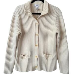 Jones New York 100% Cotton Cream Knit Cardigan Sweater Grandma Vintage - Large